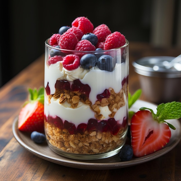 Foto araffe met bessen en granola in een glas op een bord generatief ai