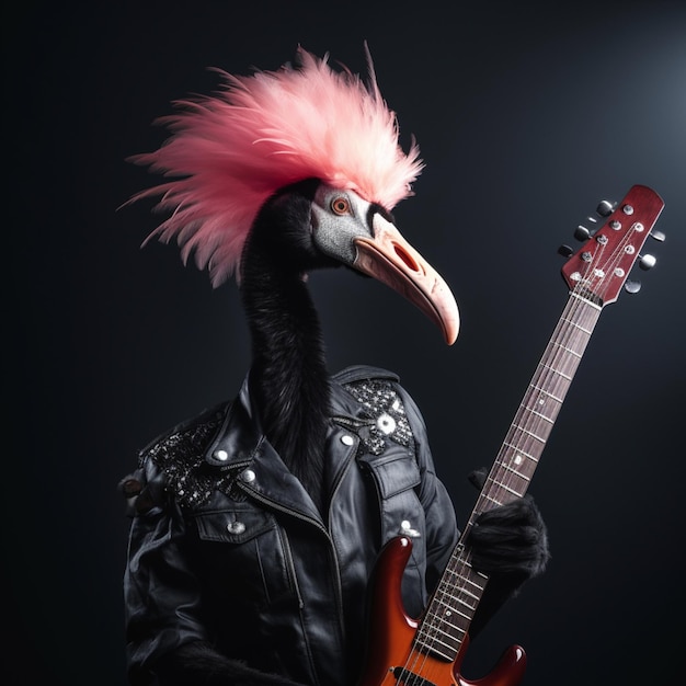 Araffe met roze haar en een lederen jas met een gitaar generatieve ai