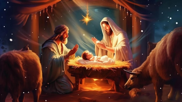 Вертеп Арафе с младенцем Иисусом в яслях в окружении генеративного ИИ овец