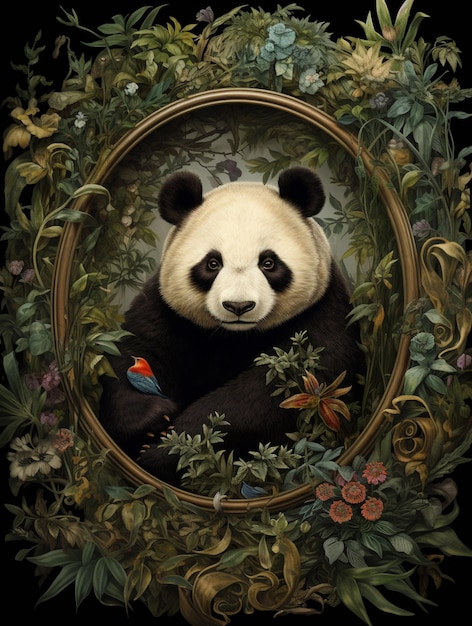 araffe panda in a frame with flowers and birds around it generative ai