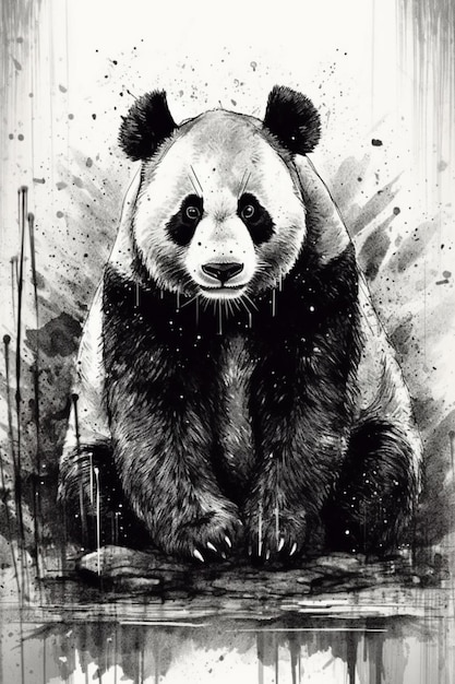 araffe panda zittend op de grond met waterspatten eromheen generatieve ai