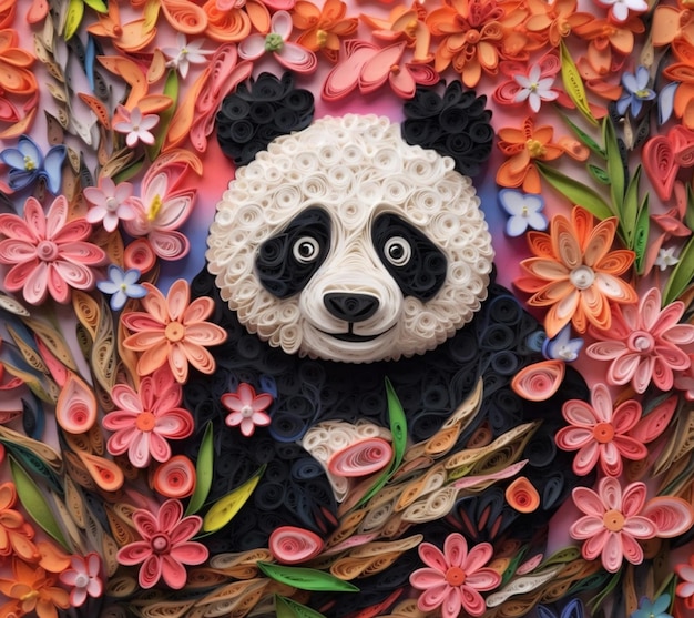 araffe pandabeer omringd door bloemen en bladeren op een roze achtergrond generatieve ai