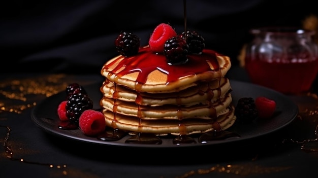 Araffe pannenkoeken met siroop en bessen op een bord met een glas siroop generatieve ai