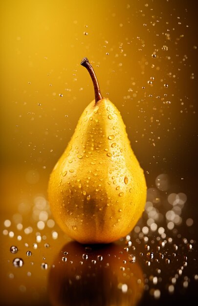 Araffe pear with water droplets on a shiny surface generative ai