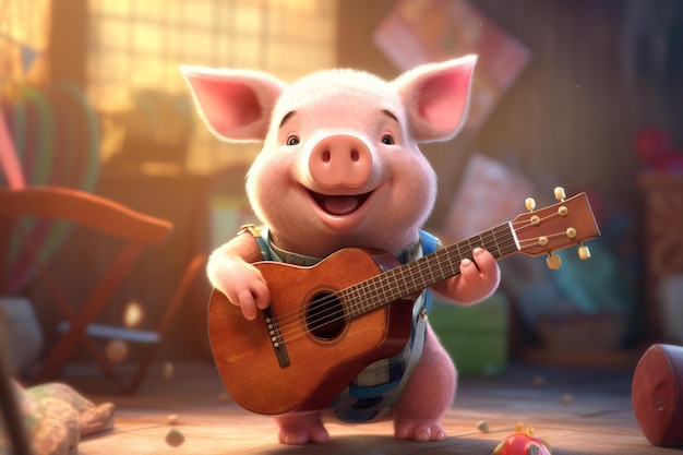 Araffe pig playing a guitar in a room with toys generative ai