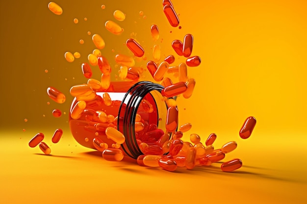 araffe pills spilling out of a glass jar on a yellow background generative ai