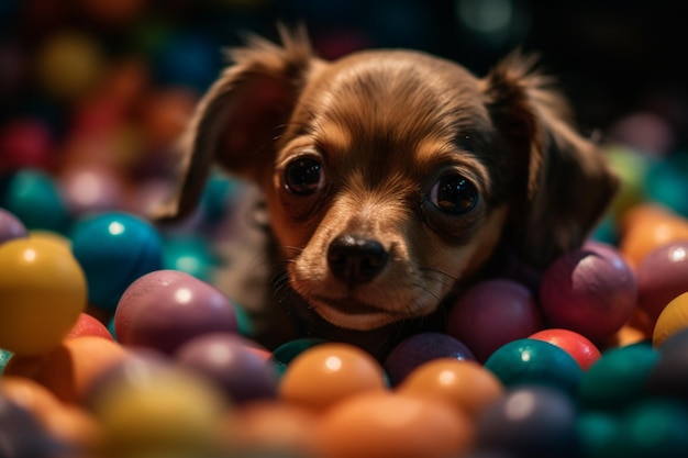 Araffe puppy in a ball pit with lots of colorful balls generative ai