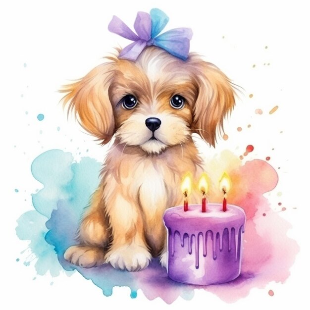 щенка с тортом на день рождения и свечами на белом фоне