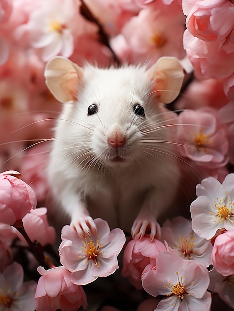 Foto araffe rat zit in een bed van roze bloemen generatieve ai