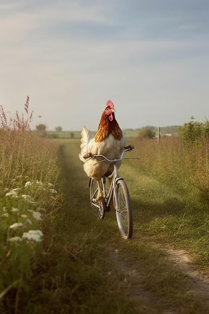 araffe riding a bicycle with a chicken on the back generative ai