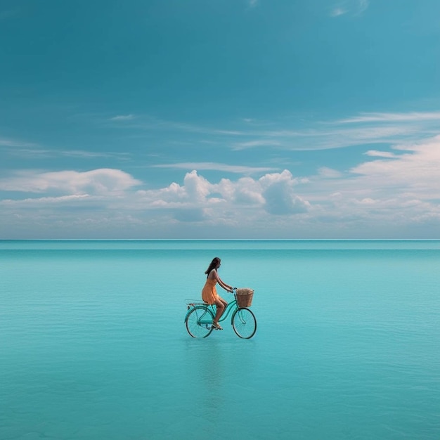 Араф едет на велосипеде посреди океана с корзиной на спине.