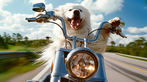 Photo araffe riding a motorcycle with his paws on the handlebars