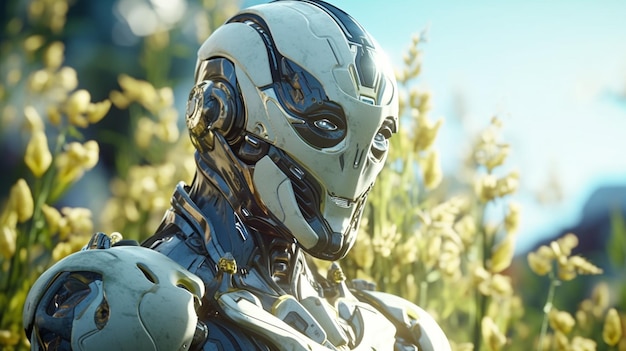 青い空を背景に背の高い草の野原にいるアラフィフのロボット生成AI
