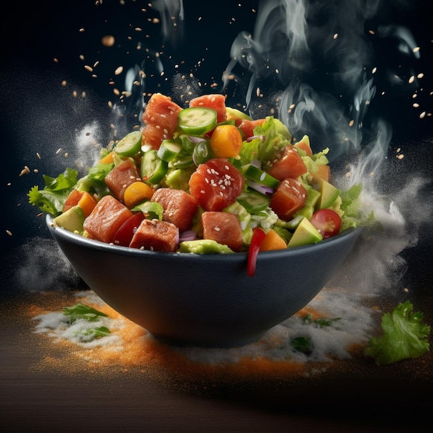 Araffe salad with meat and vegetables in a bowl with smoke coming out of it generative ai