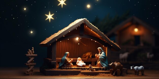 Foto scena araffe di una natività con una mangiatoia e tre pecore generativa ai