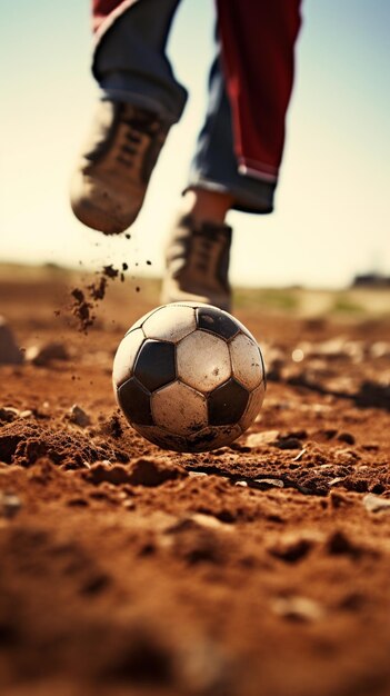 Foto araffe schopt een voetbal op een vuil veld generatieve ai