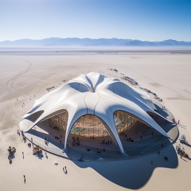 araffe shaped building in the middle of a desert with people walking around generative ai