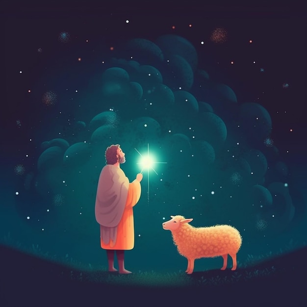 araffe and sheep in a field at night with a star in the sky generative ai