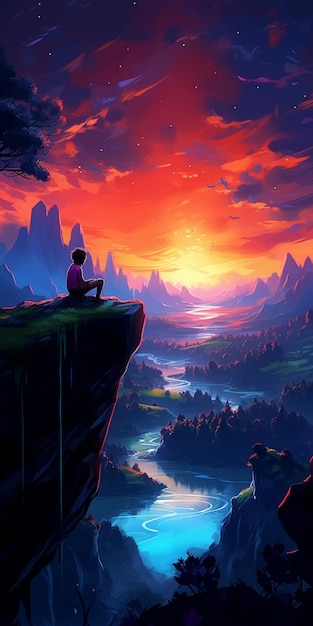 Araffe sitting on a cliff overlooking a beautiful sunset generative ai