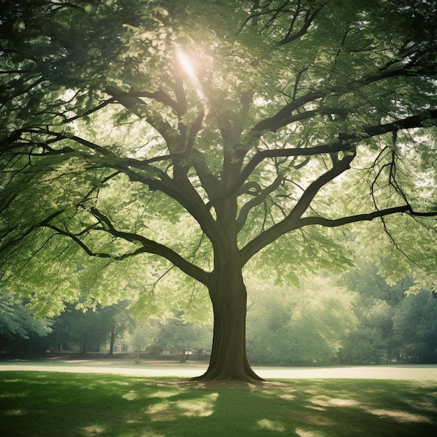 Araffe sitting under a tree in a park with the sun shining through the branches generative ai