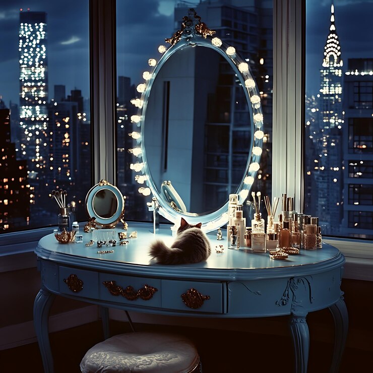 Photo araffe sitting on a vanity table with a mirror and a stool