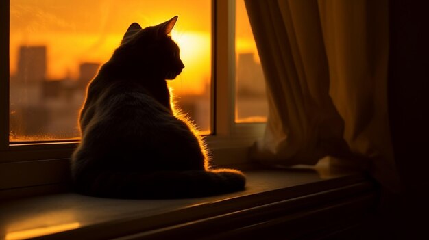 Araffe sitting on a window sill looking out at the sunset generative ai