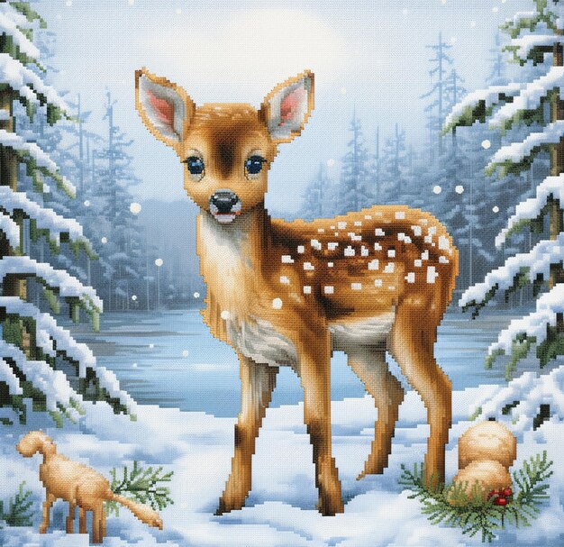 araffe in the snow with a baby deer and a bird generative ai