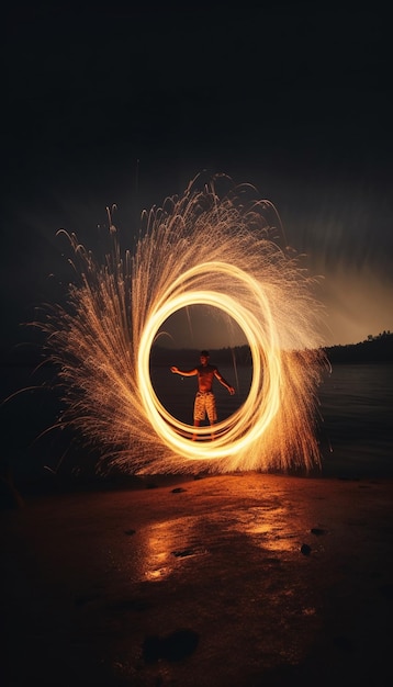 Photo araffe spinning a fire ring on the beach at night generative ai