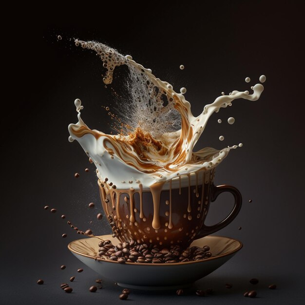 Araffe splashing coffee into a cup with coffee beans generative ai