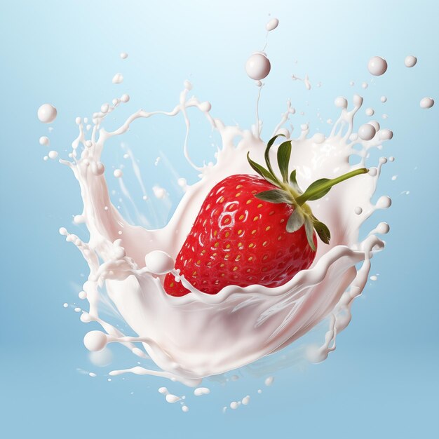 araffe splashing milk with a strawberry in it on a blue background generative ai