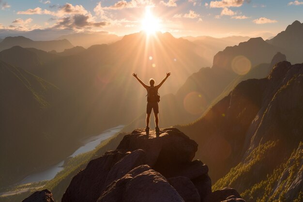 Foto araffe staat op de top van een berg met zijn armen omhoog in de lucht generatieve ai