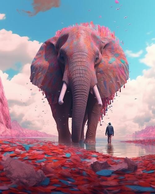 araffe standing in a body of water with a giant elephant in the background generative ai