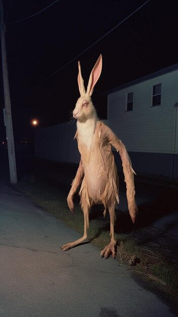 Photo araffe standing on its hind legs in the street at night generative ai