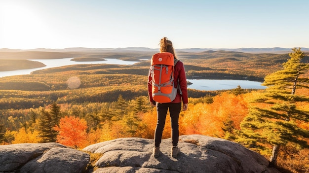 araffe standing on a rock overlooking a lake and mountains generative ai