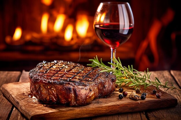 Araffe steak on a cutting board with a glass of wine generative ai