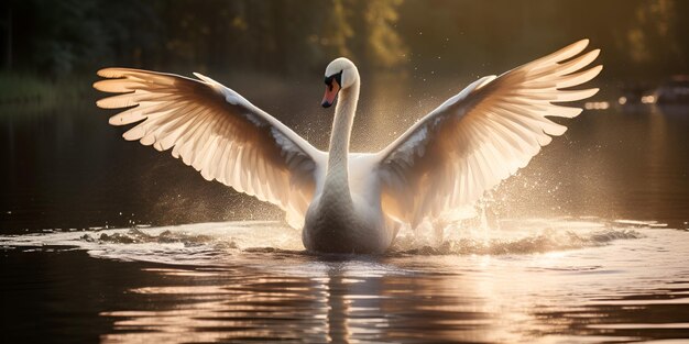 Araffe swan with wings spread out in a lake