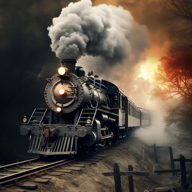 Арафный поезд с дымом, выходящим из его двигателя на пути генеративной аи