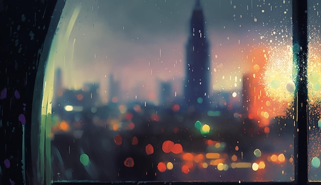 Araffe view of a city from a window with rain on it generative ai