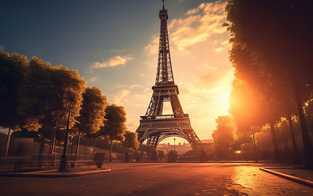 araffe view of the eiffel tower in the sunset generative ai