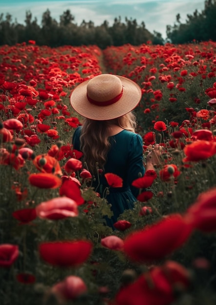 Araffe vrouw in een veld van rode bloemen met een hoed generatieve ai