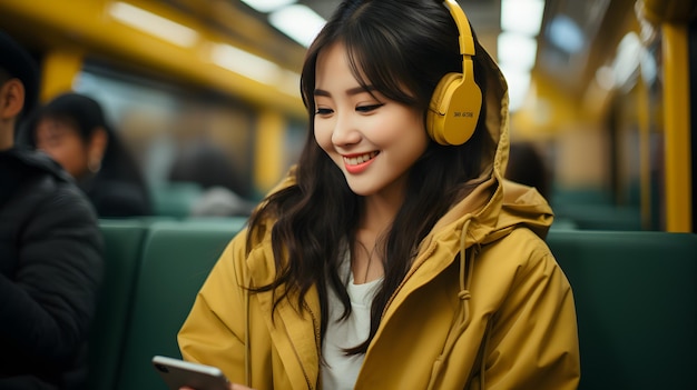 araffe vrouw met koptelefoon in een metro, kijkend naar haar telefoon Generatieve AI