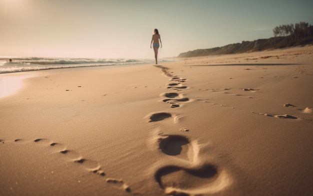 砂に足跡を残したアラフがビーチを歩いている