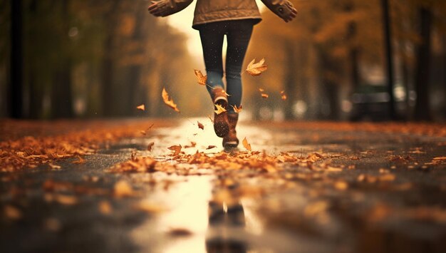 Араф, идущий по мокрой дороге с листьями, летящими вокруг генеративного ай