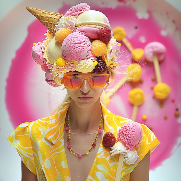 Фото Араф в желтом платье и шляпе с мороженым и фруктами на нем