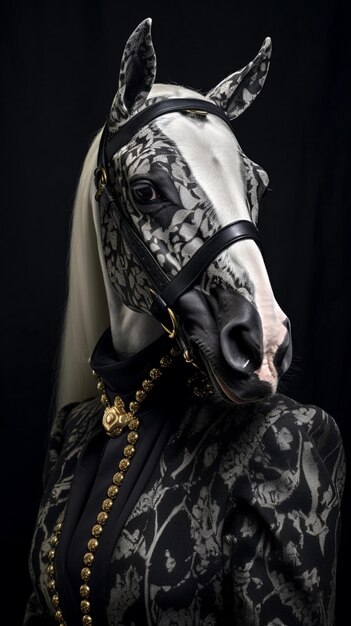 Araffe wearing a black and white dress with a black and white horse head generative ai