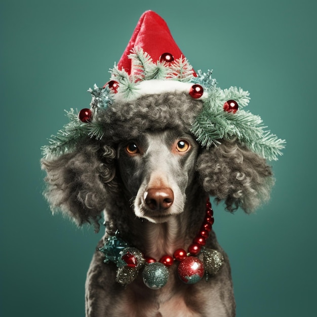 Photo araffe wearing a christmas hat with ornaments on it generative ai