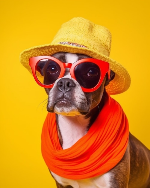 Araffe wearing a hat and scarf and sunglasses on a yellow background generative ai