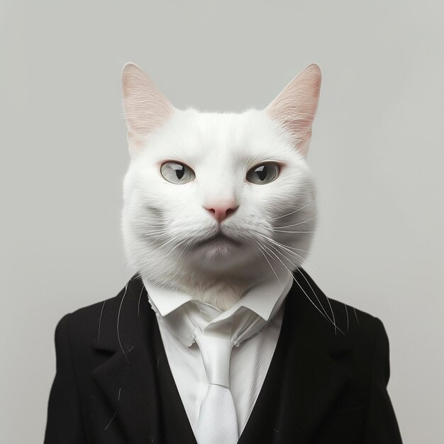 Araffe wearing a suit and tie with a white cat in the background