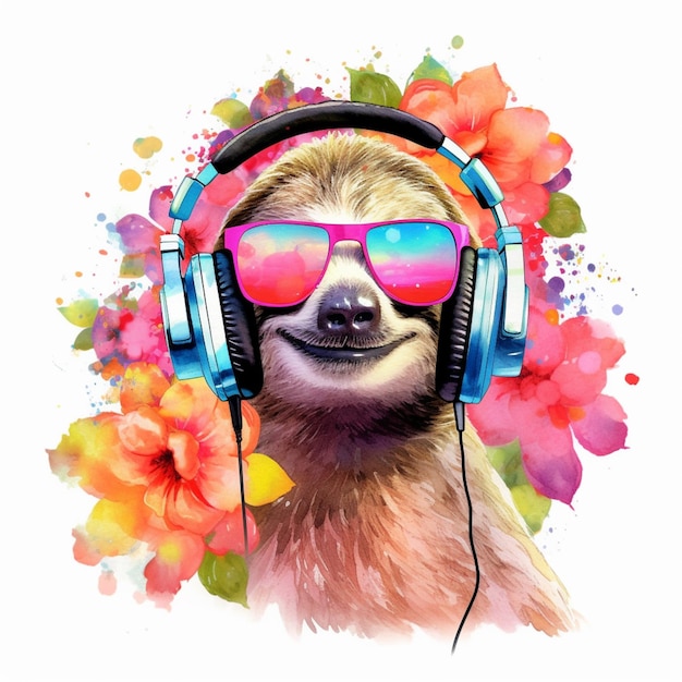 Araffe wearing sunglasses and headphones with a flower background generative ai