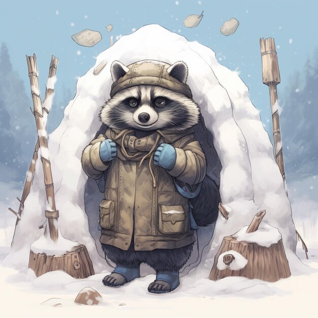 araffe in a winter coat standing in front of a snow covered hut generative ai